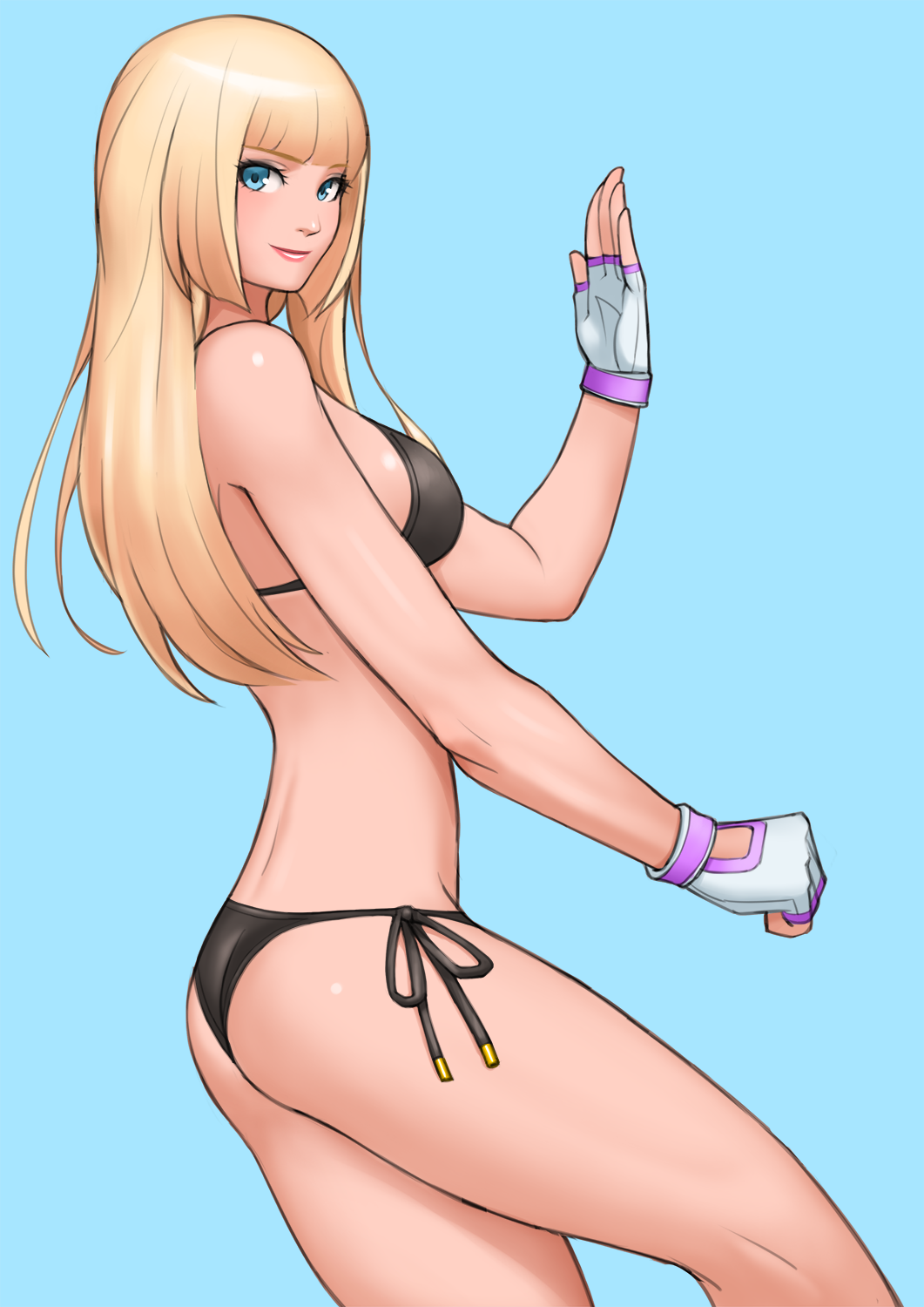 1girl ass back bikini black_bikini blonde_hair blue_background blue_eyes breasts clenched_hand cowboy_shot emilie_de_rochefort fingerless_gloves gloves highres hime_cut lili_(tekken) lips looking_at_viewer makeup mascara medium_breasts namco revision shigenobu side-tie_bikini sideboob solo swimsuit tekken thighs white_gloves