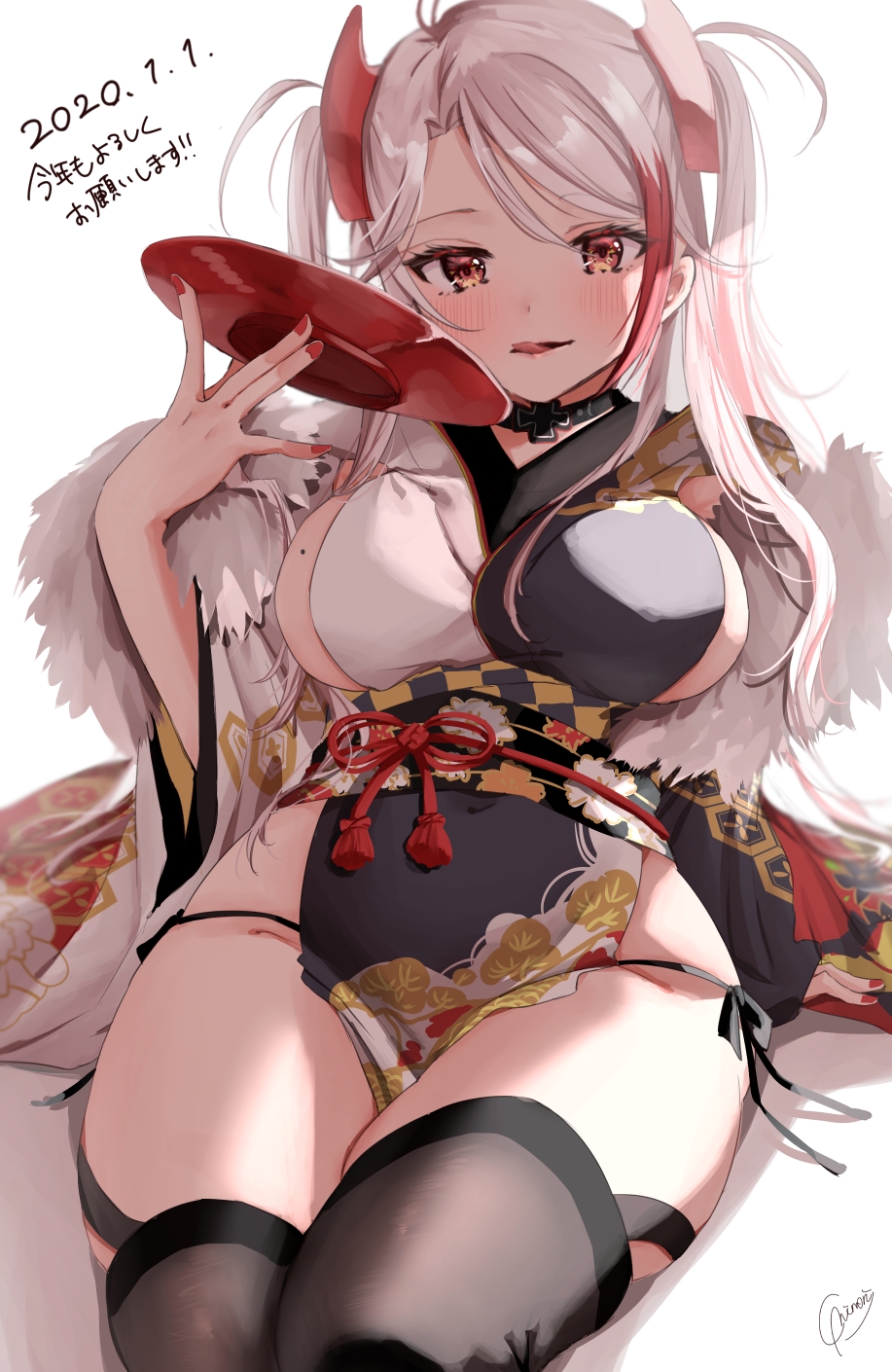 1girl 2020 alternate_costume antenna_hair arm_support azur_lane bangs black_kimono black_legwear black_panties black_sash blush breasts chigusa_minori choker commentary_request cup dated eyebrows_visible_through_hair floral_print fur-trimmed_kimono fur_trim hand_up headgear highres holding iron_cross japanese_clothes kimono large_breasts leaning_back legs_together long_hair long_sleeves looking_at_viewer mole mole_on_breast multicolored multicolored_clothes multicolored_hair multicolored_kimono nail_polish no_bra obi orange_eyes panties parted_bangs pelvic_curtain prinz_eugen_(azur_lane) prinz_eugen_(dance_of_a_hundred_flowers)_(azur_lane) red_nails redhead sakazuki sash side-tie_panties sideboob signature sitting smile solo streaked_hair swept_bangs thigh-highs thighs tongue tongue_out two_side_up underwear white_hair white_kimono wide_hips wide_sleeves