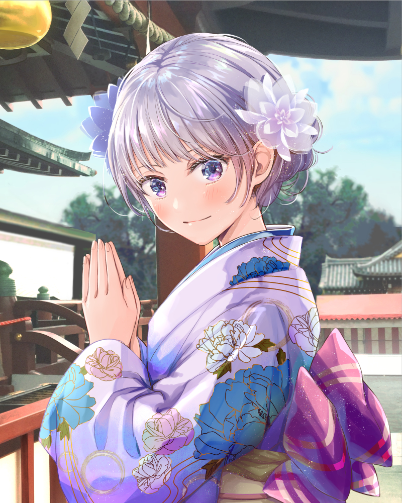 1girl akasaka_asa back_bow blue_eyes blue_flower blush bow building closed_mouth commentary_request day floral_print flower from_side hair_flower hair_ornament hatsumoude japanese_clothes kimono large_bow long_sleeves looking_at_viewer looking_to_the_side original outdoors own_hands_together praying print_kimono purple_bow purple_kimono short_hair shrine silver_hair smile solo upper_body white_flower wide_sleeves yukata