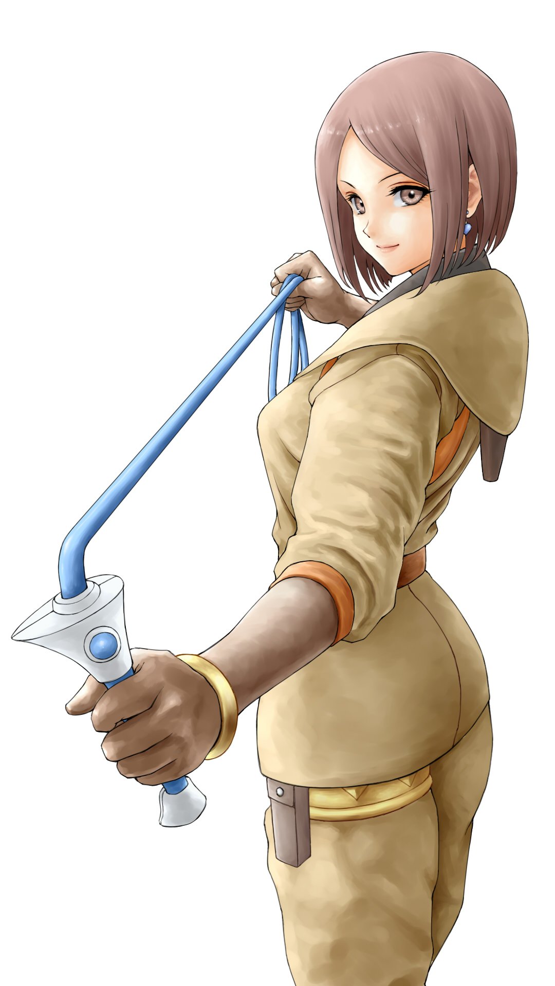1girl bangs brown_eyes brown_hair closed_mouth commentary_request earrings from_side gloves highres holding holding_weapon jewelry light_smile lips looking_at_viewer military military_uniform pants parted_bangs shiny shiny_hair short_hair simple_background solo the_king_of_fighters uniform weapon whip whip_(kof) white_background x_chitch
