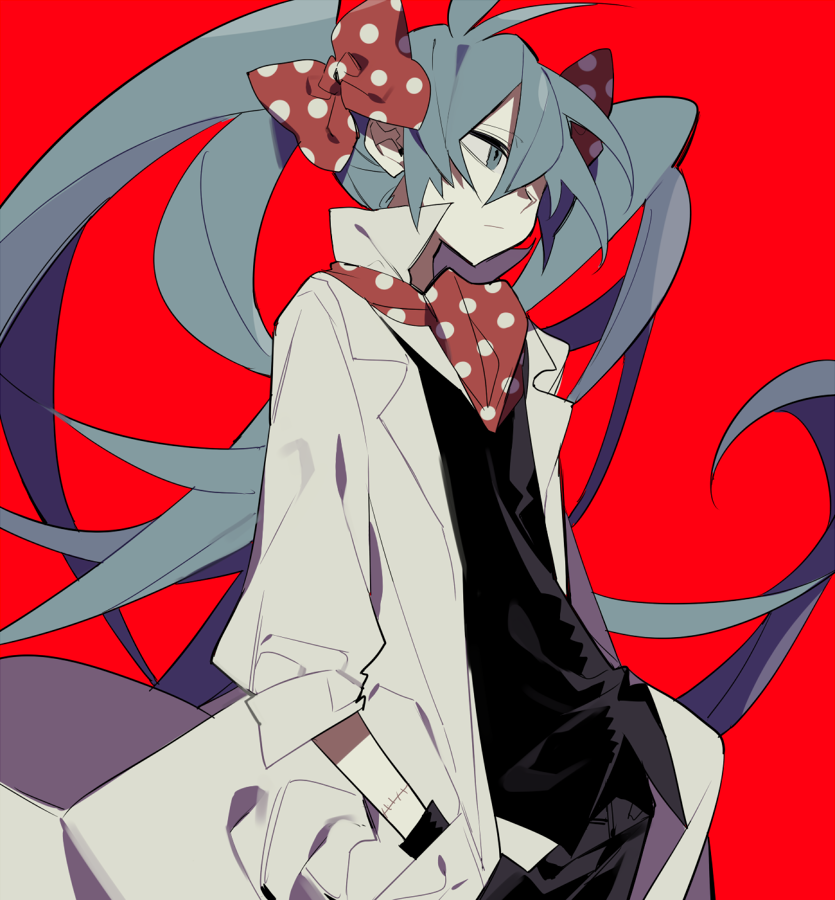 1girl alternate_costume black_pants black_shirt blue_eyes blue_hair expressionless flat_chest floating_hair hair_over_one_eye hair_ribbon half-closed_eyes hands_in_pockets hatsune_miku labcoat long_hair looking_away metyayurusu pants polka_dot polka_dot_neckwear polka_dot_ribbon red_background red_ribbon ribbon shaded_face shiny shiny_hair shirt simple_background solo standing stitches twintails upper_body very_long_hair vocaloid