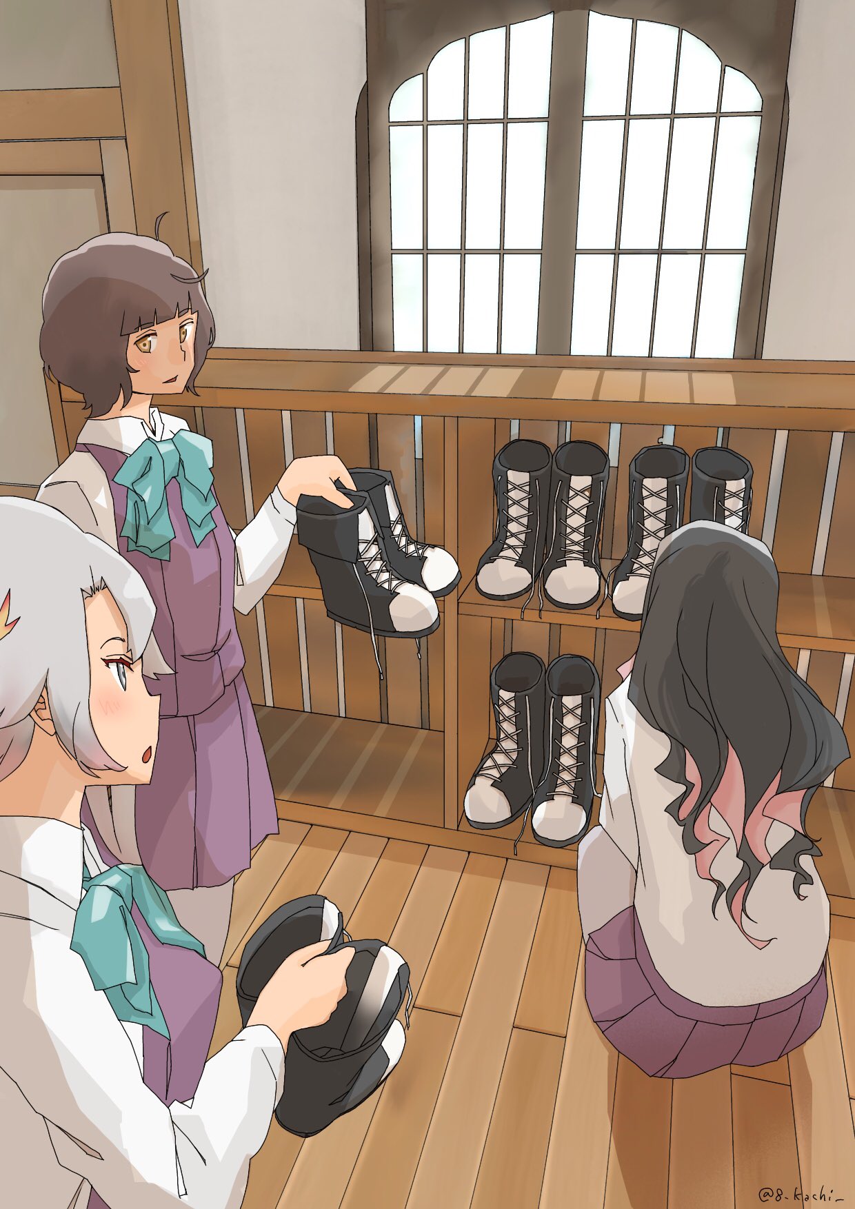 3girls ahoge akishimo_(kantai_collection) bangs black_hair blunt_bangs boots boots_removed brown_eyes brown_hair commentary_request cross-laced_footwear dress gradient_hair grey_legwear halterneck highres indoors kachi_(kachi5100) kantai_collection kishinami_(kantai_collection) lace-up_boots long_hair long_sleeves multicolored_hair multiple_girls naganami_(kantai_collection) pantyhose pink_hair pleated_dress purple_dress school_uniform shelf shirt short_hair short_hair_with_long_locks silver_hair twitter_username two-tone_hair wavy_hair white_shirt window wooden_floor