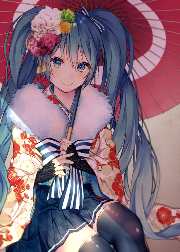 1girl bangs black_legwear blue_eyes blue_hair blue_skirt blush bow closed_mouth commentary_request eyebrows_visible_through_hair floral_print flower green_flower hair_between_eyes hair_flower hair_ornament hatsune_miku japanese_clothes kimono long_hair long_sleeves looking_at_viewer pink_flower pleated_skirt print_kimono shiomizu_(swat) sitting skirt smile solo striped striped_bow thigh-highs twintails very_long_hair vocaloid white_flower white_kimono wide_sleeves yagasuri yellow_flower