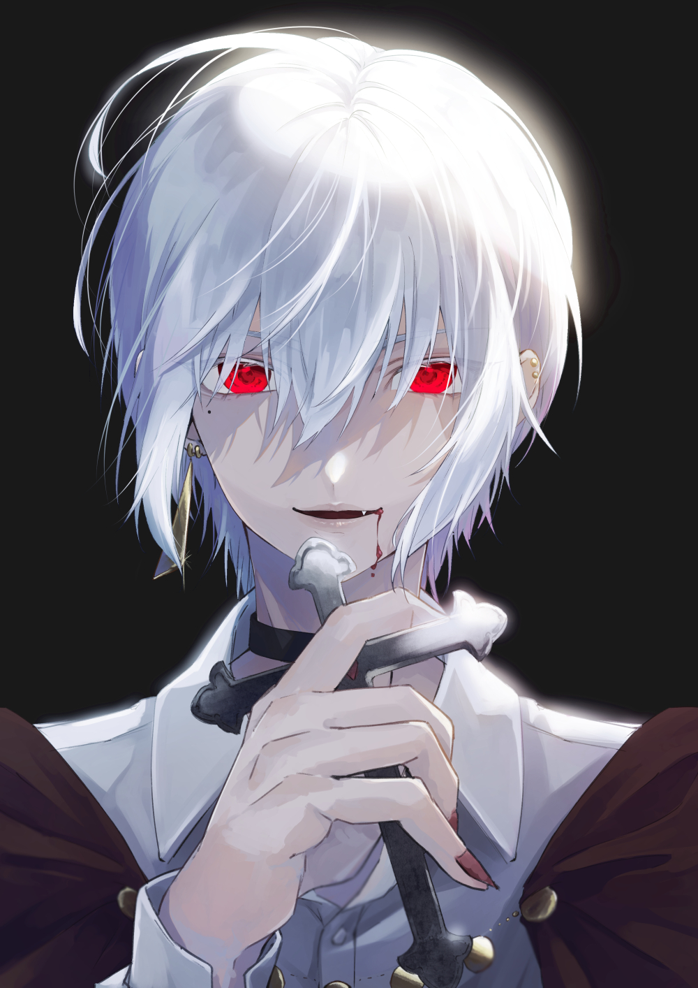 1boy bangs black_background black_choker blood blood_from_mouth blood_on_face buttons choker collar collared_shirt cross earrings fang fantasy glowing glowing_hair highres holding holding_cross hoshino_ruru jewelry long_sleeves looking_at_viewer male_focus original parted_lips red_eyes shirt short_hair simple_background solo upper_body vampire white_hair white_shirt
