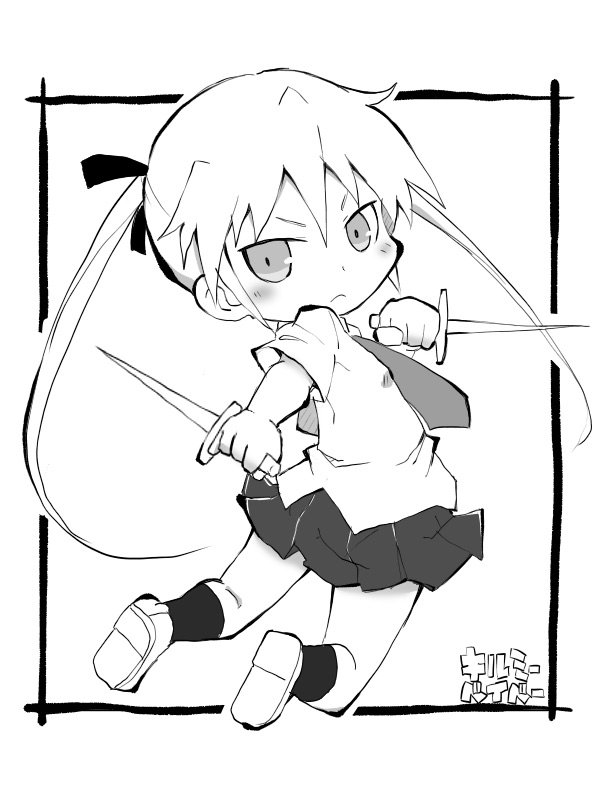 1girl black_legwear blush closed_mouth collared_shirt commentary_request dual_wielding frame full_body greyscale holding holding_weapon kill_me_baby knife long_hair looking_back midair monochrome necktie pleated_skirt school_uniform shirt shoes simple_background skirt socks solo sonya_(kill_me_baby) twintails weapon white_background zubatto_(makoto)