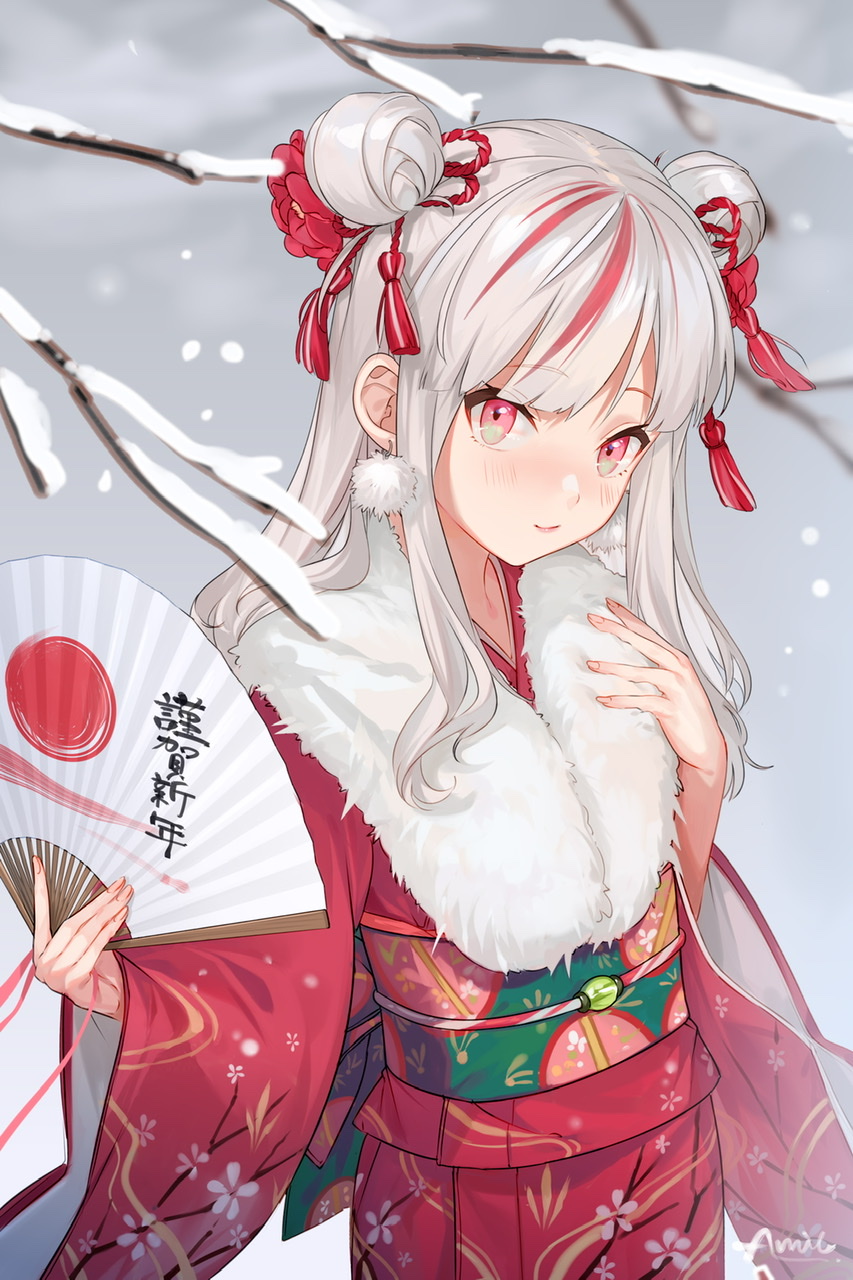 1girl al_mican bangs blush closed_mouth cowboy_shot double_bun fan fingernails flower folding_fan fur_scarf furisode hair_flower hair_ornament happy_new_year highres holding holding_fan japanese_clothes kimono long_sleeves looking_at_viewer multicolored_hair new_year obi original pom_pom_(clothes) pom_pom_earrings red_eyes red_flower red_ribbon red_sun ribbon sash sidelocks signature smile snow solo streaked_hair tassel tree_branch two-tone_hair white_hair wide_sleeves