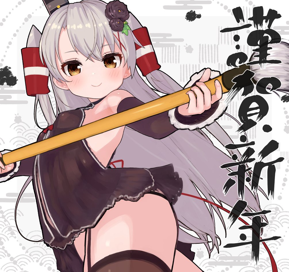 1girl adapted_costume amatsukaze_(kantai_collection) bridal_gauntlets brown_dress calligraphy_brush cowboy_shot dress garter_straps hair_tubes kantai_collection long_hair looking_at_viewer new_year oversized_object paintbrush rose_neru short_dress silver_hair sleeveless sleeveless_dress smile solo thigh-highs two_side_up windsock