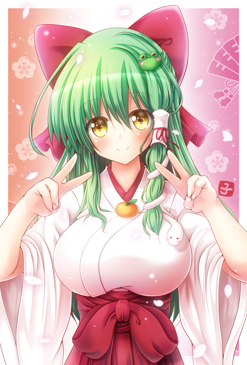 1girl alternate_costume bangs blush bow breasts commentary_request double_v eyebrows_visible_through_hair food frog_hair_ornament fruit gradient gradient_background green_hair hair_between_eyes hair_bow hair_ornament hair_tubes hakama_skirt hands_up highres japanese_clothes kimono kochiya_sanae large_breasts long_sleeves looking_at_viewer orange orange_background osashin_(osada) pink_background red_bow red_skirt sidelocks skirt smile solo touhou upper_body v white_kimono wide_sleeves yellow_eyes