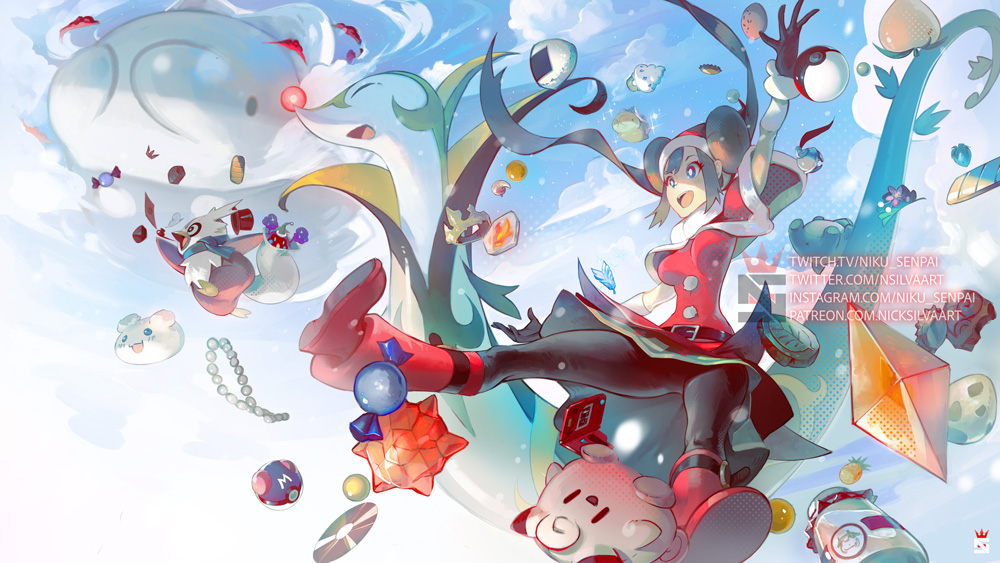 1girl alternate_costume berries candy christmas clefairy clouds commentary delibird dynamax egg english_commentary fire_stone food fur_trim gen_1_pokemon gen_2_pokemon gen_5_pokemon gen_8_pokemon hat king's_rock master_ball mei_(pokemon) midair nikusenpai onigiri pantyhose pincurchin poke_ball poke_ball_(generic) pokedex pokemon pokemon_(creature) pokemon_(game) pokemon_masters rare_candy santa_costume santa_hat serperior sky smile snom vanillite watermark web_address