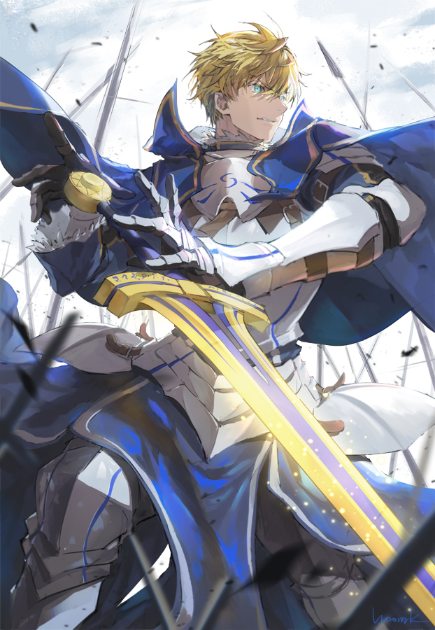 1boy armor arthur_pendragon_(fate) blonde_hair cape excalibur_(fate/prototype) fate/prototype fate_(series) gauntlets glowing glowing_sword glowing_weapon green_eyes male_focus polearm spear sword weapon