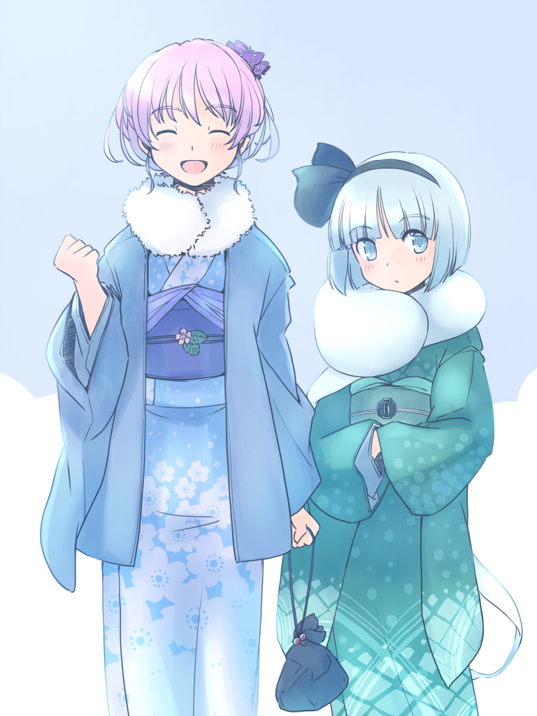 2girls bangs blue_eyes blue_kimono blunt_bangs bob_cut butterfly_hair_ornament closed_eyes cowboy_shot green_kimono hair_ornament hands_in_opposite_sleeves japanese_clothes kimono kinchaku konpaku_youmu konpaku_youmu_(ghost) multiple_girls new_year obi open_mouth pink_hair pouch rangycrow saigyouji_yuyuko sash scarf short_hair simple_background touhou white_hair