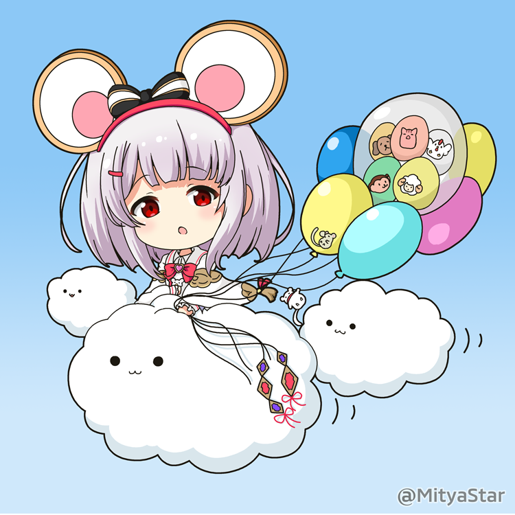 1girl :o animal_ears balloon bangs blush bow chibi clouds commentary_request eyebrows_visible_through_hair granblue_fantasy grey_hair hair_bow hair_ornament hairclip heart holding holding_balloon long_sleeves looking_at_viewer miicha mouse_ears parted_lips red_bow red_eyes shirt solid_circle_eyes solo striped striped_bow twitter_username vikala_(granblue_fantasy) white_shirt wide_sleeves