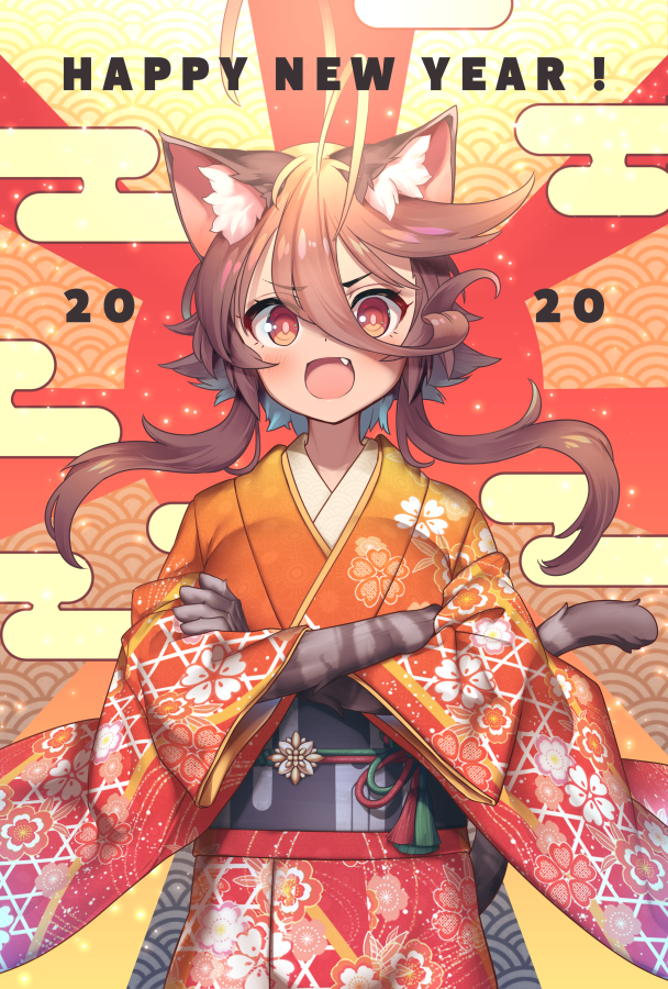 1girl 2020 ahoge animal_ear_fluff animal_ears blush breasts brown_hair cat_ears cat_paws cat_tail crossed_arms eyebrows_visible_through_hair fang grey_fur hair_between_eyes happy_new_year huge_ahoge huge_breasts japanese_clothes kimono large_breasts long_hair looking_at_viewer nengajou new_year obi open_mouth original paws red_eyes sash solo tail yagatake_arashi yana_(nekoarashi)