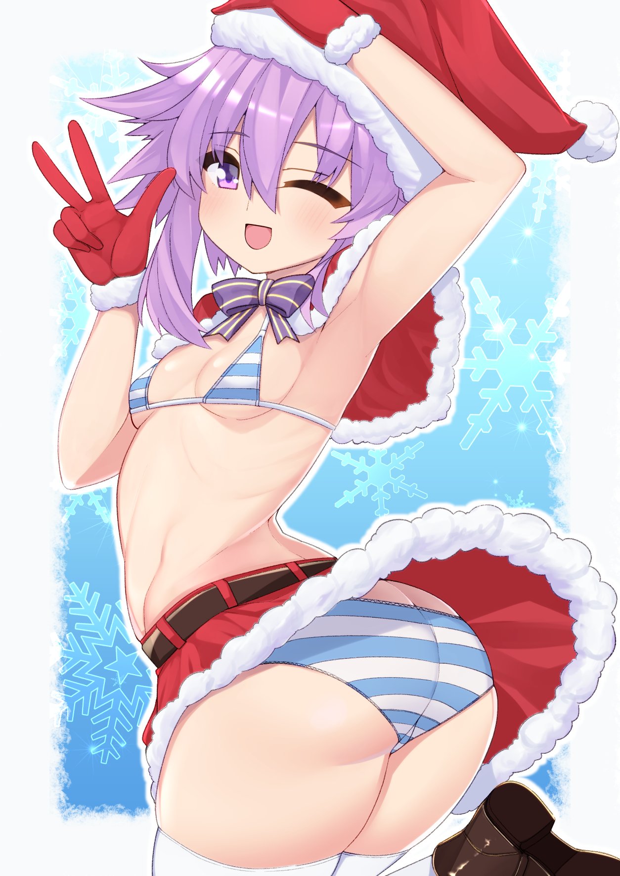 1girl ass blush breasts christmas d-pad d-pad_hair_ornament dura eyebrows_visible_through_hair from_behind gloves hair_ornament hat highres looking_at_viewer neptune_(neptune_series) neptune_(series) one_eye_closed open_mouth panties purple_hair red_gloves santa_hat short_hair small_breasts smile solo striped striped_panties thigh-highs underwear v violet_eyes white_legwear