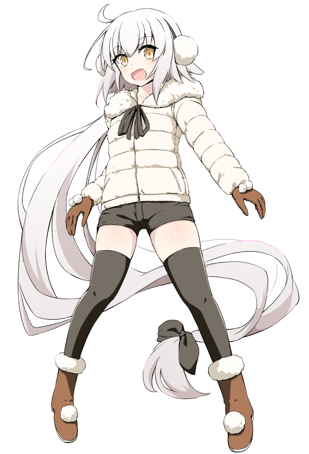 1girl :d absurdly_long_hair bangs black_legwear black_ribbon black_shorts blush boots brown_eyes brown_footwear brown_gloves commentary_request earmuffs eyebrows_visible_through_hair fate/grand_order fate_(series) full_body fur-trimmed_boots fur-trimmed_jacket fur_trim gloves hair_ribbon jacket jeanne_d'arc_(fate)_(all) jeanne_d'arc_alter_santa_lily long_hair long_sleeves open_mouth panikuru_yuuto ribbon short_shorts shorts simple_background smile solo thigh-highs thighhighs_under_boots very_long_hair white_background white_hair white_jacket