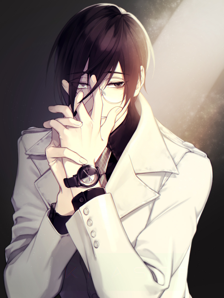 1boy bangs black_eyes black_hair black_shirt buttons byakuya0315 collar collared_coat collared_shirt eyebrows_visible_through_hair glasses hand_on_hand hand_on_head heterochromia long_sleeves looking_at_viewer male_focus necktie original parted_lips round_eyewear shirt short_hair solo upper_body watch watch white_coat white_eyes