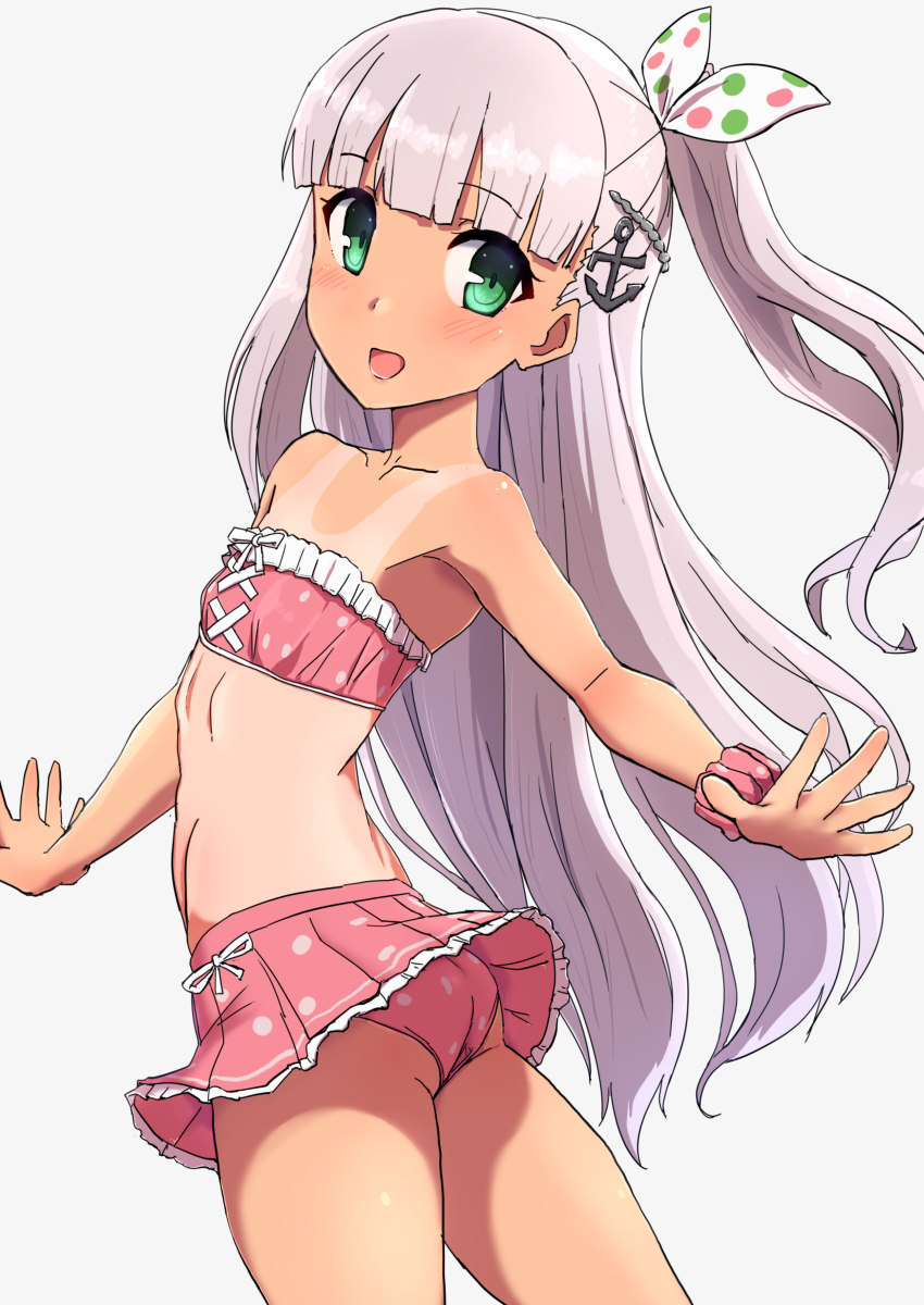 1girl anchor anchor_hair_ornament arm_scrunchie bangs bikini bikini_skirt blush comala_(komma_la) commentary_request eyebrows_visible_through_hair flat_chest green_eyes grey_background hair_ornament hair_ribbon highres kantai_collection long_hair maestrale_(kantai_collection) one-piece_tan one_side_up open_mouth outstretched_arms pink_bikini polka_dot polka_dot_bikini polka_dot_ribbon ribbon scrunchie silver_hair simple_background solo swimsuit tan tanline