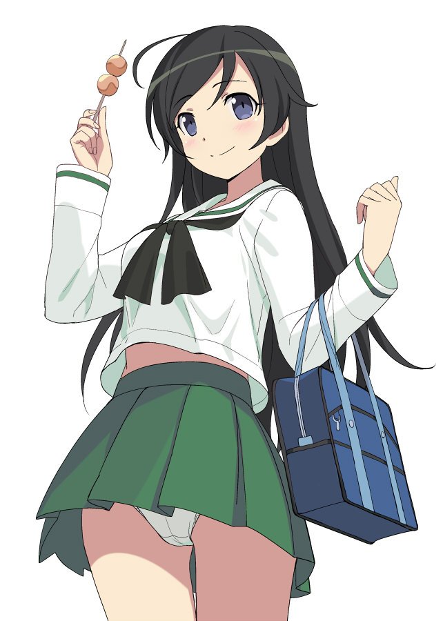 1girl a1 ahoge bag bangs black_eyes black_hair black_neckwear blouse carrying closed_mouth commentary_request cowboy_shot crotch_seam dango food girls_und_panzer green_skirt holding holding_food isuzu_hana light_blush long_hair long_sleeves looking_at_viewer miniskirt neckerchief ooarai_school_uniform panties pantyshot pantyshot_(standing) pleated_skirt school_bag school_uniform serafuku simple_background skirt smile solo standing swept_bangs underwear wagashi white_background white_blouse white_panties