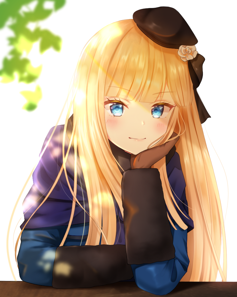 1girl arm_support backlighting bangs beret blonde_hair blue_coat blue_eyes blush bow brown_bow brown_gloves brown_headwear closed_mouth commentary_request eyebrows_visible_through_hair fate_(series) flower gloves hair_bow hair_flower hair_ornament hat head_in_hand light_smile long_hair long_sleeves lord_el-melloi_ii_case_files nasii reines_el-melloi_archisorte revision rose simple_background solo upper_body v-shaped_eyebrows white_background white_flower white_rose