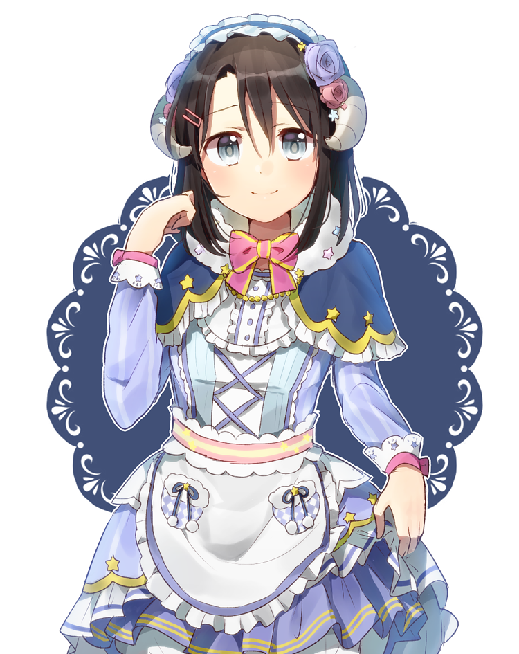 1girl apron bang_dream! black_hair blue_capelet blue_dress blue_flower blue_rose bow bowtie capelet center_frills cross-laced_clothes doily dress flower frilled_apron frilled_capelet frills fur-trimmed_capelet fur_trim grey_eyes hair_flower hair_ornament hairband hairclip harusawa horns lolita_hairband long_hair long_sleeves looking_at_viewer medium_hair okusawa_misaki outline pink_flower pink_neckwear pink_rose pom_pom_(clothes) red_flower red_rose rose sheep_horns skirt_hold smile solo star striped striped_dress waist_apron white_apron white_outline