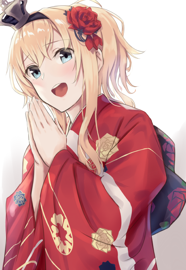 1girl :d black_hairband blonde_hair blue_eyes commentary_request crown floral_print hair_between_eyes hair_ornament hairband hands_together hiiragii_(hiiragi_0404) japanese_clothes kantai_collection kimono long_hair long_sleeves mini_crown open_mouth red_kimono rose_hair_ornament rose_print smile solo warspite_(kantai_collection) wide_sleeves