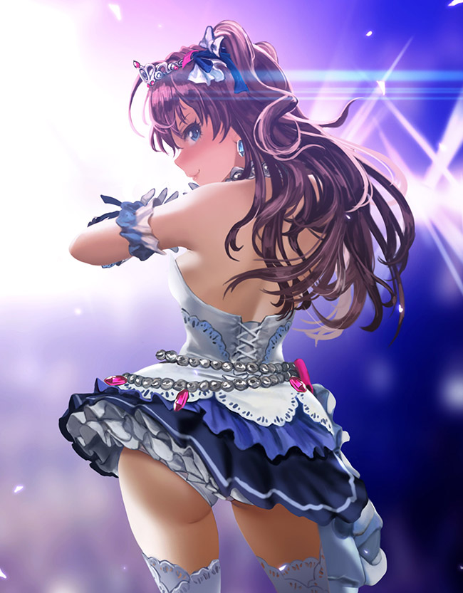 1girl ahoge ass backlighting bangs bare_shoulders blue_eyes blush breasts commentary_request contrapposto cowboy_shot dress earrings from_behind gloves halterneck hamedoragon ichinose_shiki idolmaster idolmaster_cinderella_girls idolmaster_cinderella_girls_starlight_stage jewelry long_hair looking_at_viewer medium_breasts smile solo stage_lights starry_sky_bright thigh-highs tiara wavy_hair white_gloves