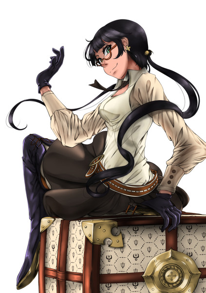 accord bangs belt black_hair drag-on_dragoon drag-on_dragoon_3 earrings glasses gloves jewelry long_hair senruisa skirt thigh-highs twintails