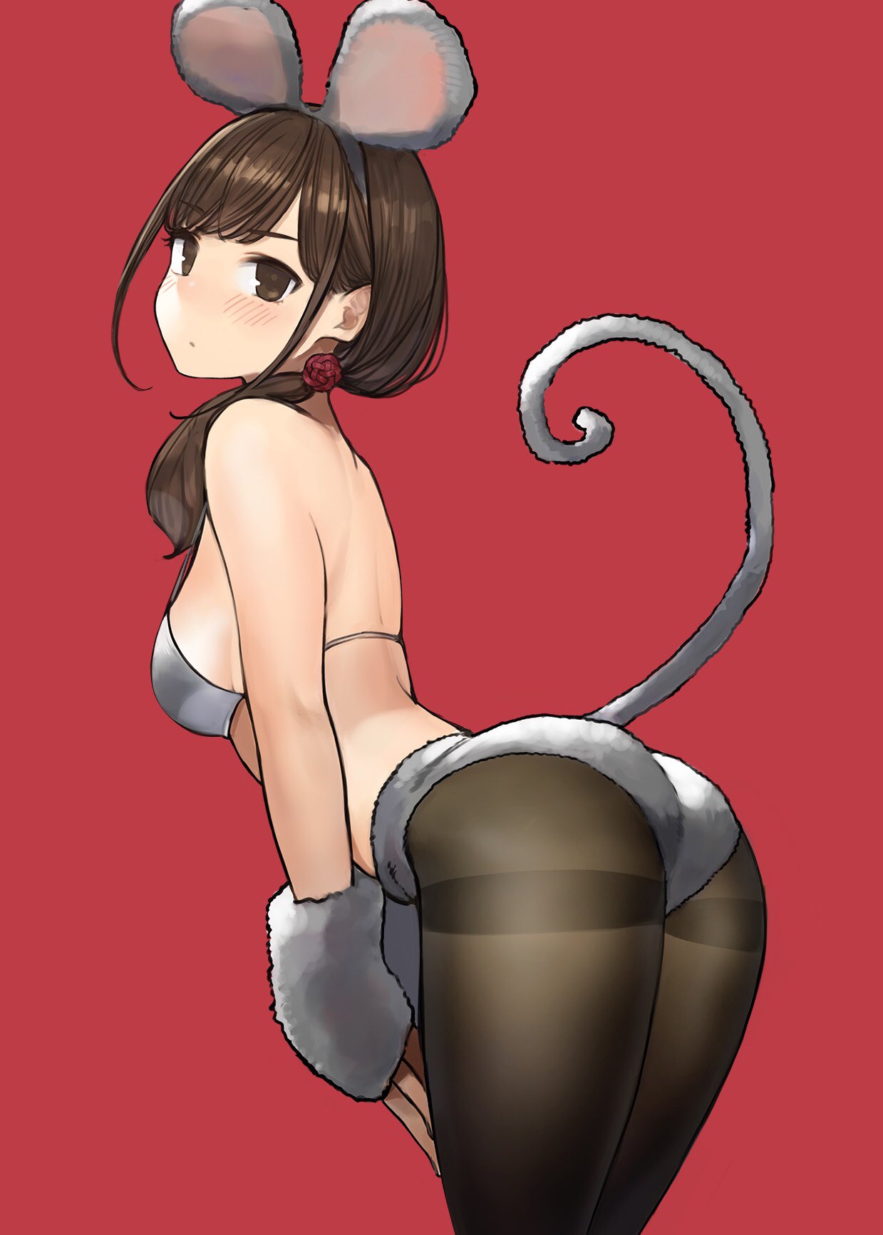 1girl animal_ears ass breasts brown_eyes brown_hair commentary_request eyebrows_visible_through_hair fake_animal_ears grey_bikini_top hair_over_shoulder highres long_hair looking_back medium_breasts mouse_ears mouse_tail original pantyhose red_background sideboob simple_background standing tail thighband_pantyhose yomu_(sgt_epper)