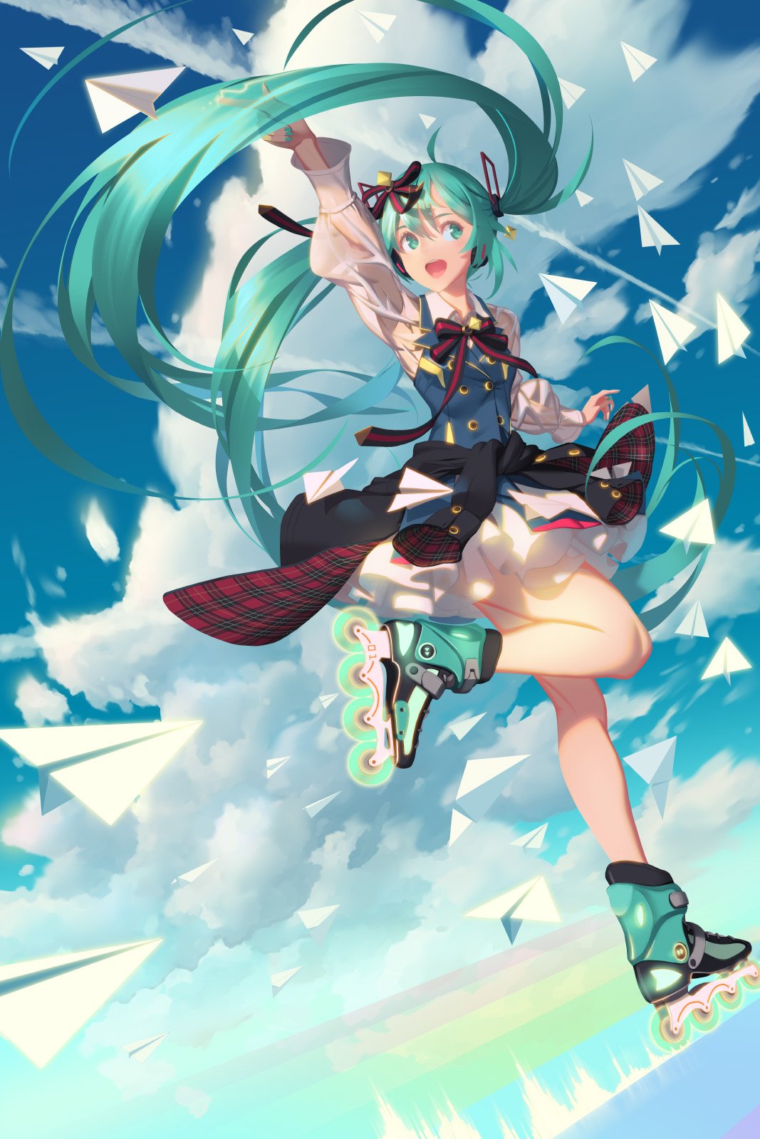 ahoge aqua_eyes aqua_footwear aqua_hair aqua_nails arm_up bangs black_jacket blue_sky bow chinese_commentary clothes_around_waist clouds cloudy_sky commentary_request day dress frilled_dress frills full_body gold_trim hair_ornament hatsune_miku headphones highres jacket jacket_around_waist leg_up legs long_hair long_sleeves looking_to_the_side magical_mirai_(vocaloid) nail_polish open_mouth outdoors paper_airplane plaid pointing rainbow ribbon roller_skates shirt skates sky sleeveless sleeveless_shirt surreal twintails very_long_hair vocaloid vofan white_dress