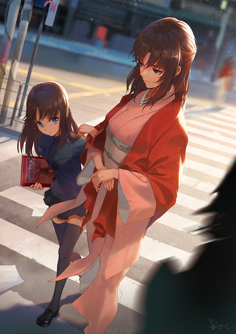 2girls bangs big.c black_footwear black_legwear black_skirt blue_eyes book breasts brown_hair carrying_under_arm character_request child closed_mouth commentary_request copyright_request crosswalk day dutch_angle fate/grand_order fate_(series) half_updo holding holding_book japanese_clothes jewelry kimono leaning_forward loafers locked_arms long_hair long_sleeves looking_at_another looking_at_viewer medium_breasts medium_hair miniskirt motion_blur multiple_girls necklace out_of_frame outdoors own_hands_together pendant pink_kimono pleated_skirt puckered_lips puffy_short_sleeves puffy_sleeves railing road ryougi_shiki shawl shoes short_sleeves skirt small_breasts smile standing street thigh-highs walking zettai_ryouiki