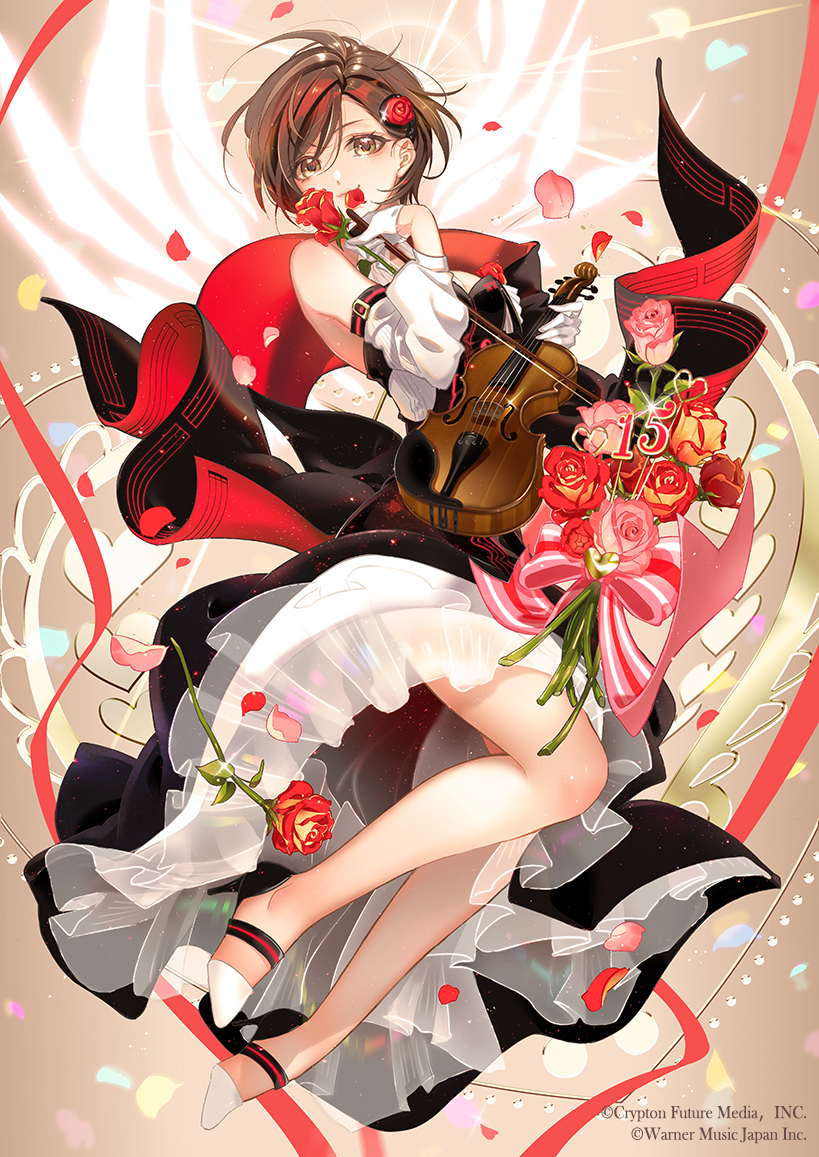 1girl :3 black_dress bouquet bow bowtie brown_eyes brown_hair commentary crypton_future_media detached_sleeves dress flower full_body gloves hair_flower hair_ornament hand_up heart holding holding_flower holding_instrument instrument karakoro layered_dress legs_up looking_at_viewer meiko miku_symphony_(vocaloid) mouth_hold official_art petals red_flower red_rose rose see-through smile solo staff_(music) violin violin_bow vocaloid white_gloves white_sleeves