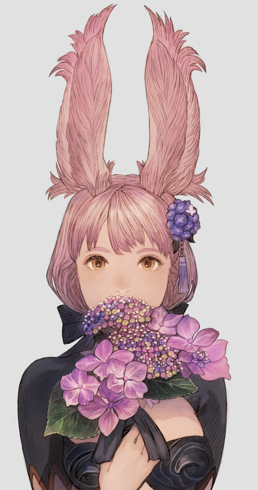 1girl animal_ears bow breasts brown_eyes cleavage_cutout final_fantasy final_fantasy_xiv flower hair_bow hair_flower hair_ornament highres long_hair looking_at_viewer maekakekamen medium_breasts pink_hair rabbit_ears solo viera white_background