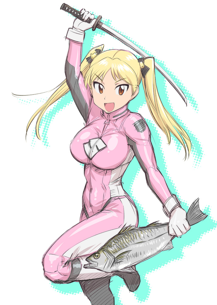 1girl bakuon!! bell biker_clothes bikesuit blonde_hair bodysuit breasts fish hair_bell hair_ornament katana large_breasts long_hair looking_at_viewer open_mouth pink_bodysuit simple_background solo suzunoki_rin sword twintails ueyama_michirou weapon you're_doing_it_wrong