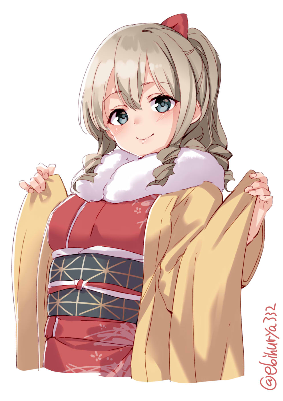 1girl alternate_costume blue_eyes blush drill_hair ebifurya floral_print fur_collar hair_between_eyes hair_ribbon hatakaze_(kantai_collection) highres japanese_clothes kantai_collection kimono light_brown_hair light_smile looking_at_viewer obi ponytail red_kimono red_ribbon ribbon sash solo twitter_username white_background wide_sleeves