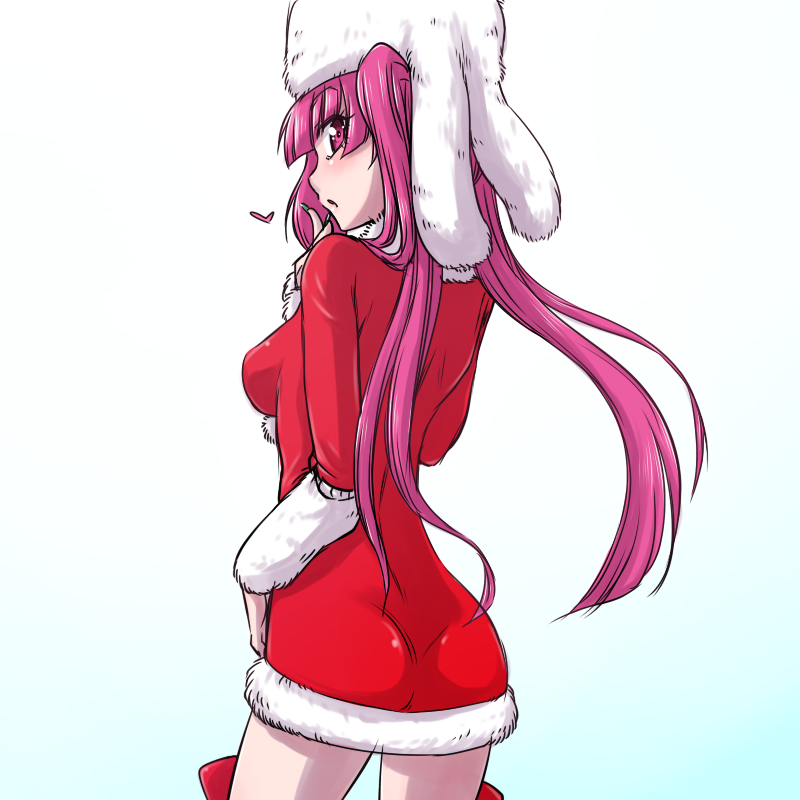 1girl bleach boots breasts christmas commentary_request dokugamine_riruka dress hanya_(hanya_yashiki) hat long_hair looking_at_viewer open_mouth purple_hair simple_background solo thigh-highs thigh_boots twintails violet_eyes white_background