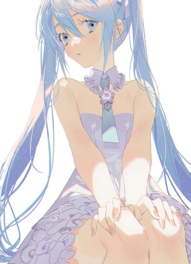 1girl alternate_costume arm_support backlighting bare_arms bare_legs bare_shoulders blue_eyes blue_hair blue_neckwear blush breasts collar collarbone detached_collar dress eyelashes fingernails flower frilled_collar frilled_dress frills hair_between_eyes hands_on_own_knees hatsune_miku head_tilt legs_together light_particles long_eyelashes long_hair looking_away naomasap necktie no_nose parted_lips sidelocks simple_background sitting small_breasts solo straight_hair strapless strapless_dress twintails upper_body very_long_hair vocaloid white_background white_dress white_flower