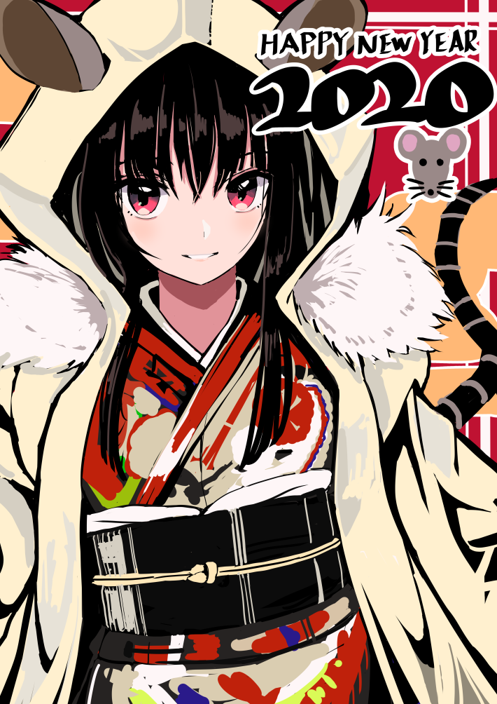 1girl 2020 animal_ears bangs black_hair chinese_zodiac commentary_request eyebrows_behind_hair fur_trim hair_between_eyes happy_new_year hinomaru_(futagun) hood hood_up japanese_clothes kimono long_hair looking_at_viewer mouse_ears mouse_girl mouse_tail nengajou new_year obi open_clothes original parted_lips red_eyes red_kimono sash solo tail upper_body year_of_the_rat