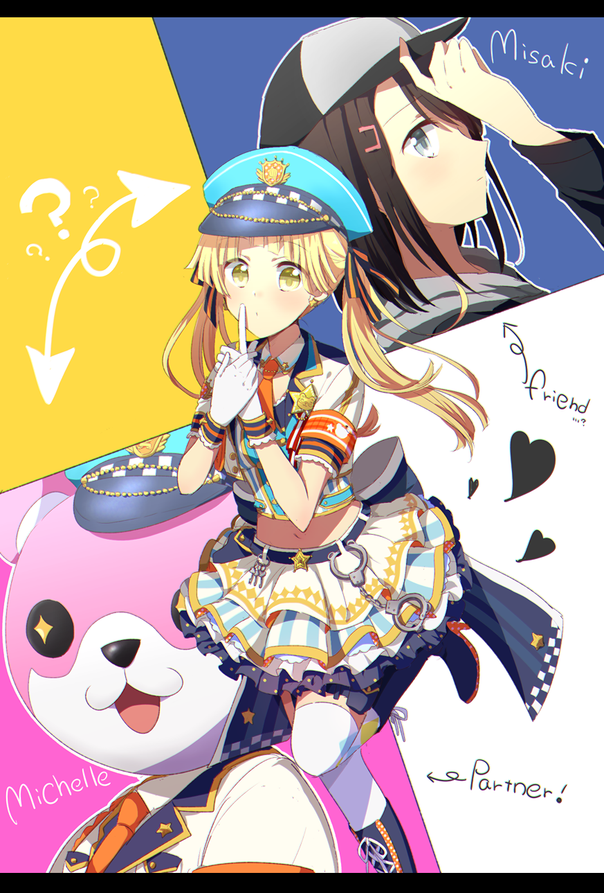 +_+ 3girls :3 ? adjusting_clothes adjusting_hat animal_costume armband back_bow badge bang_dream! bangs baseball_cap bear_costume black_footwear black_hair blonde_hair blue_eyes boots bow character_name crop_top cross-laced_footwear cuffs detached_collar directional_arrow earrings english_text finger_to_mouth hair_ornament hairclip handcuffs harusawa hat heart high_heel_boots high_heels highres index_finger_raised jacket jewelry keyring knee_boots layered_skirt letterboxed long_hair long_sleeves looking_at_viewer mascot_costume michelle_(bang_dream!) miniskirt multiple_girls navel necktie okusawa_misaki orange_neckwear police police_hat police_uniform short_sleeves skirt standing standing_on_one_leg star star_earrings thigh-highs tsurumaki_kokoro twintails uniform white_legwear yellow_eyes