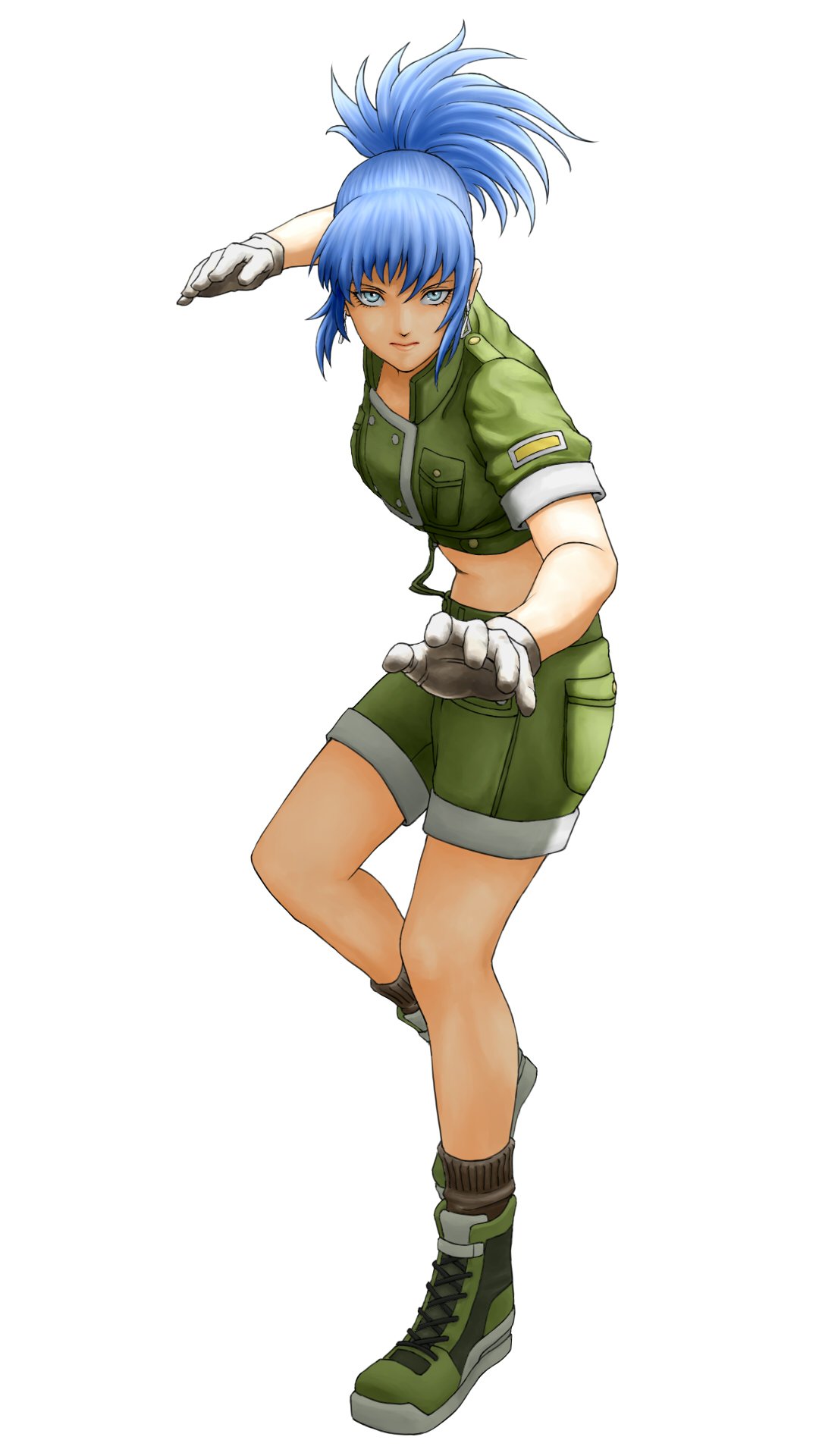 1girl bangs black_gloves blue_eyes blue_hair boots closed_mouth commentary_request cropped_jacket fighting_stance full_body gloves green_shorts highres jacket leona_heidern lips midriff military military_uniform short_sleeves shorts simple_background solo the_king_of_fighters tied_hair uniform white_background x_chitch