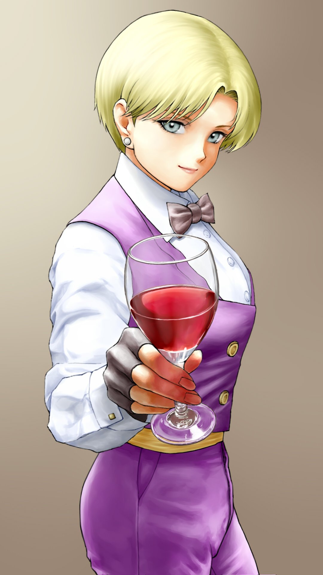 1girl alcohol black_gloves blonde_hair blue_eyes buttons closed_mouth cup earrings fingerless_gloves glass gloves gradient gradient_background grey_background highres holding jewelry king_(snk) lips long_sleeves looking_at_viewer pants ryuuko_no_ken shirt short_hair simple_background solo the_king_of_fighters white_shirt x_chitch