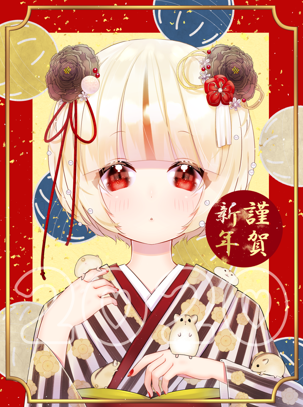 1girl 2020 animal animal_on_hand bangs black_flower blonde_hair blush commentary_request eyebrows_visible_through_hair flower hair_flower hair_ornament hair_ribbon hamster hands_up highres japanese_clothes kimono kuma_no_yume long_sleeves looking_at_viewer nail_polish original parted_lips red_eyes red_nails red_ribbon ribbon short_hair solo striped striped_kimono upper_body vertical-striped_kimono vertical_stripes wide_sleeves