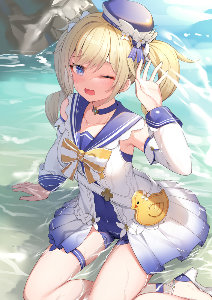 1girl ;d alexmaster arm_up armpits barbara_pegg bare_shoulders beret blonde_hair blue_choker blue_eyes blue_headwear center_opening choker detached_sleeves dress genshin_impact hat long_hair long_sleeves looking_at_viewer one_eye_closed open_mouth sailor_collar sandals sitting smile solo thigh_strap thighs twintails water wet white_dress