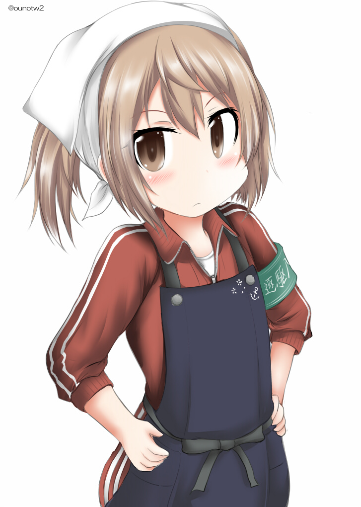 1girl alternate_costume alternate_hairstyle apron bandana black_apron brown_eyes commentary_request cowboy_shot hands_on_hips jacket kantai_collection light_brown_hair looking_at_viewer michishio_(kantai_collection) ouno_(nounai_disintegration) pants red_jacket red_pants simple_background solo standing track_jacket track_pants twitter_username white_background