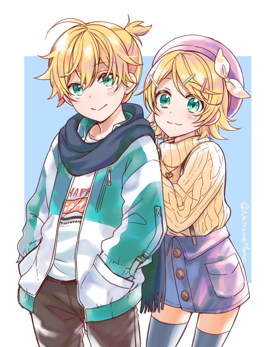 1boy 1girl :3 aqua_eyes bangs beret black_pants blonde_hair blue_legwear blue_scarf blush bow casual closed_mouth commentary cowboy_shot hair_bow hair_ornament hairclip hand_on_another's_back hands_in_pockets hat heart heart_necklace jacket jewelry kagamine_len kagamine_rin knit_sweater leaning_forward looking_at_viewer momomochi necklace pants pink_headwear scarf shirt short_hair short_ponytail skirt smile standing swept_bangs t-shirt thigh-highs turtleneck twitter_username two-tone_jacket vocaloid white_bow zettai_ryouiki zipper