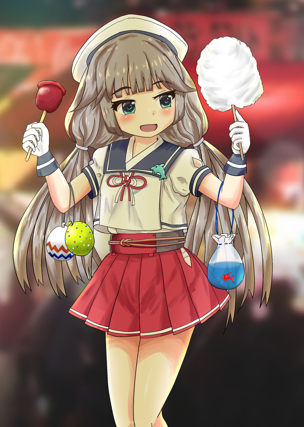 1girl bag blue_sailor_collar candy_apple commentary_request cotton_candy cowboy_shot fish food gloves goldfish green_eyes grey_hair hat highres hip_vent kantai_collection long_hair low_twintails mikura_(kantai_collection) panties plastic_bag pleated_skirt puffy_short_sleeves puffy_sleeves red_skirt sailor_collar sailor_hat sailor_shirt senon shirt short_sleeves skirt solo twintails undershirt underwear water_balloon white_gloves white_panties white_shirt