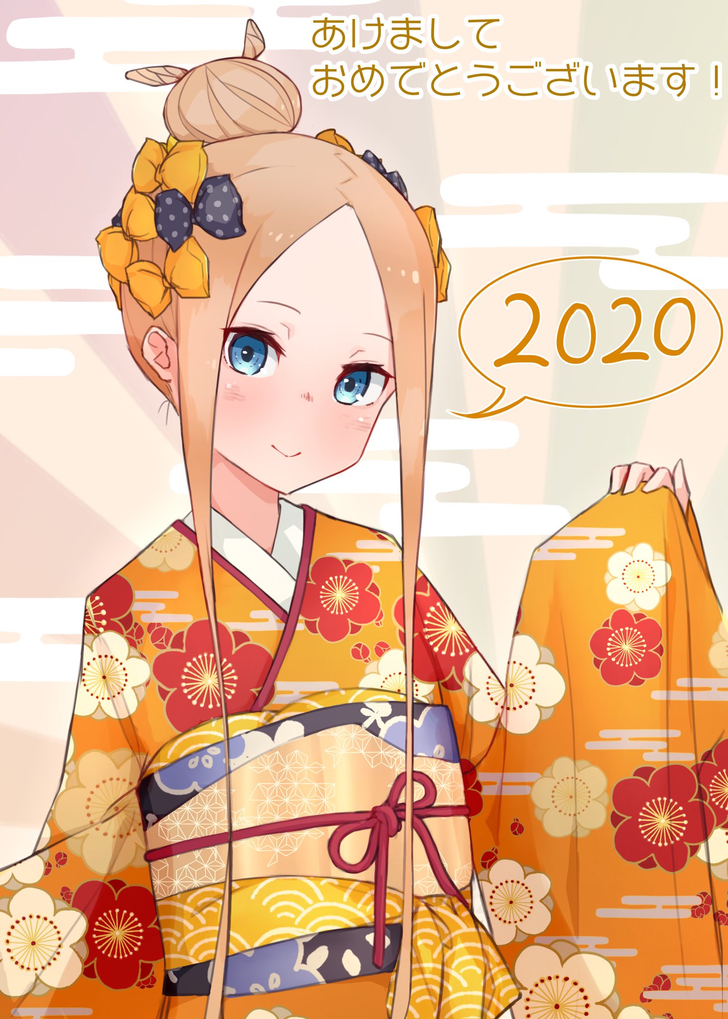 1girl 2020 abigail_williams_(fate/grand_order) bangs black_bow blonde_hair blue_eyes blush bow closed_mouth fate/grand_order fate_(series) forehead hair_bow hair_bun highres japanese_clothes kimono kopaka_(karda_nui) long_hair long_sleeves looking_at_viewer obi orange_bow orange_kimono parted_bangs polka_dot polka_dot_bow sash sidelocks smile solo translated very_long_hair wide_sleeves