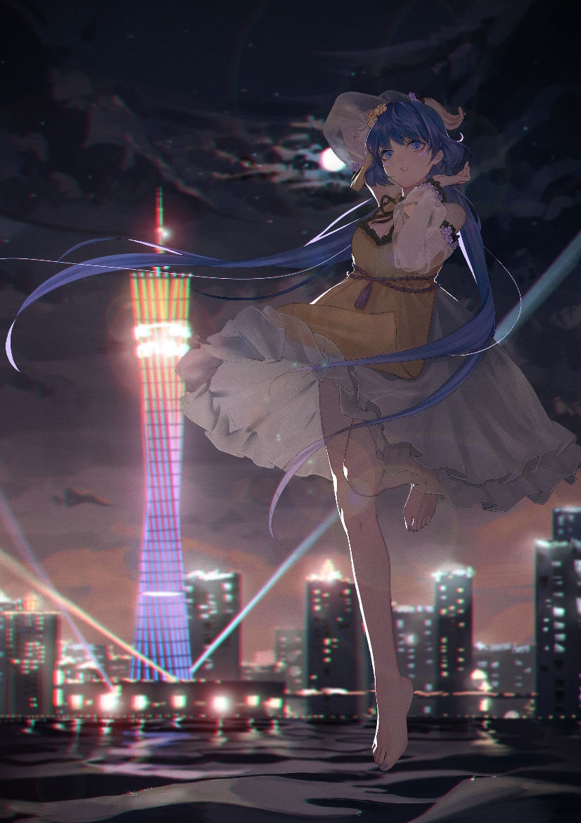 1girl armpit_peek arms_up bare_shoulders barefoot blue_eyes blue_hair blurry blurry_background canton_tower chromatic_aberration cityscape clouds commentary_request depth_of_field detached_sleeves floating flower folded_leg full_moon guangzhou hair_flower hair_ornament houraisan_chouko leg_lift looking_at_viewer moon night outdoors searchlight see-through_sleeves shirt short_hair_with_long_locks sidelocks skirt solo star_(sky) touhou tsukumo_benben water white_skirt yellow_shirt