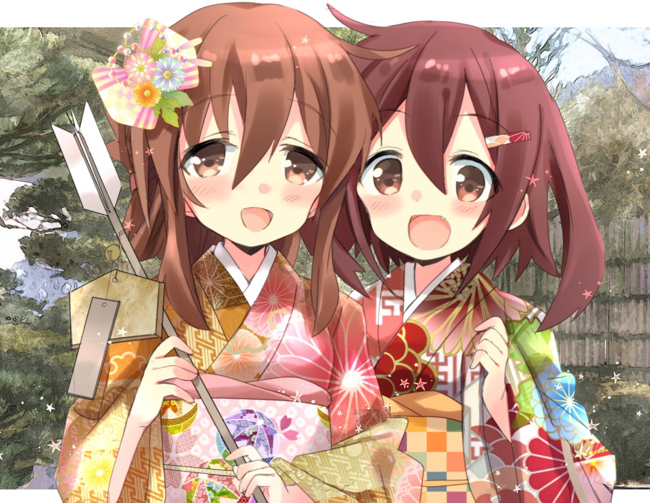 2girls alternate_costume arrow brown_eyes brown_hair commentary_request fang folded_ponytail hamaya hizuki_yayoi ikazuchi_(kantai_collection) inazuma_(kantai_collection) japanese_clothes kantai_collection kimono long_hair looking_at_viewer multiple_girls open_mouth print_kimono short_hair smile