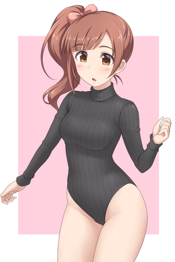 1girl black_leotard border brown_eyes brown_hair contrapposto cowboy_shot idolmaster idolmaster_cinderella_girls igarashi_kyouko leotard long_hair open_mouth pataniito pink_background ribbed_leotard side_ponytail solo standing turtleneck_leotard two-tone_background white_border