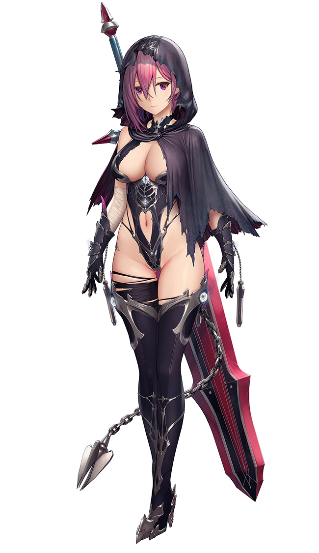 1girl artwhirl_mahou_gakuen_no_otome-tachi black_legwear boots breasts cleavage_cutout full_body gauntlets hilda_(artwhirl) hood huge_weapon large_breasts leotard navel official_art redhead remana revealing_clothes solo tachi-e thigh-highs thigh_boots violet_eyes weapon